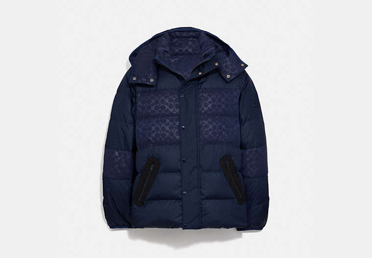 COACH®,REVERSIBLE PUFFER JACKET,Polyester,Navy Multi,Front View