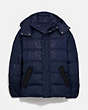 COACH®,REVERSIBLE PUFFER JACKET,Polyester,Navy Multi,Front View