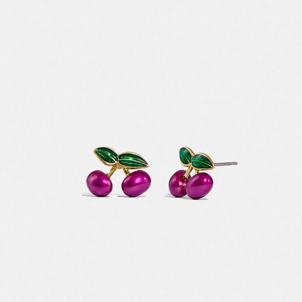 COACH®,CHERRY STUD EARRINGS,Enamel/Plated Brass,Silver/Wine,Front View