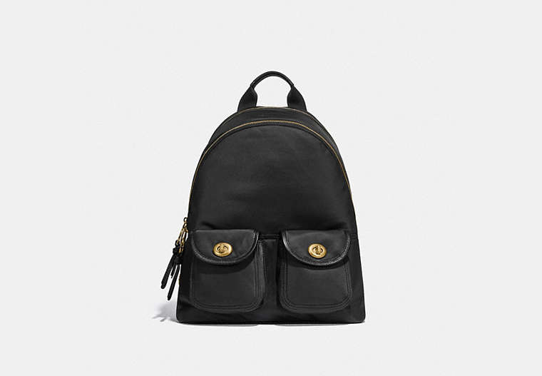 COACH®,CARGO CARRIE BACKPACK WITH VINTAGE ROSE PRINT INTERIOR,Nylon,Brass/Black,Front View