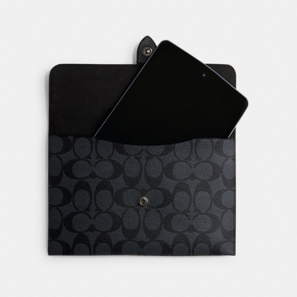 COACH®,MINI TABLET SLEEVE IN SIGNATURE CANVAS,pvc,Mini,Gunmetal/Charcoal,Inside View,Top View