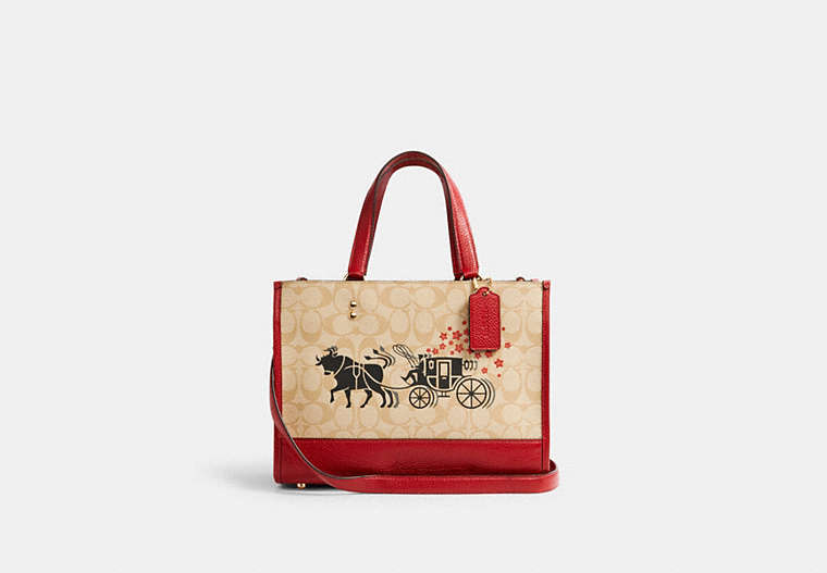COACH®,LUNAR NEW YEAR DEMPSEY CARRYALL IN SIGNATURE CANVAS WITH OX AND CARRIAGE,pvc,Medium,Gold/Light Khaki Multi,Front View