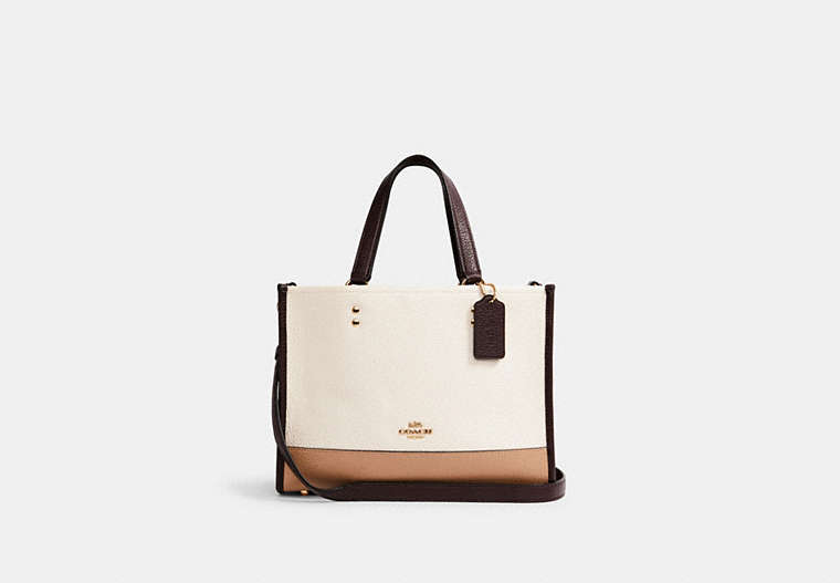 COACH®,DEMPSEY CARRYALL IN COLORBLOCK SIGNATURE CANVAS,Leather,Large,Gold/Light Khaki Multi,Front View