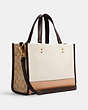 COACH®,DEMPSEY CARRYALL IN COLORBLOCK SIGNATURE CANVAS,Leather,Large,Gold/Light Khaki Multi,Angle View