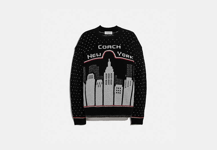 COACH®,HOLIDAY CITYSCAPE INTARSIA SWEATER,wool,Black,Front View