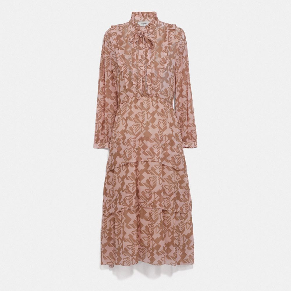 COACH®,GEORGETTE RUFFLE DRESS,Silk,Pink/Tan,Front View