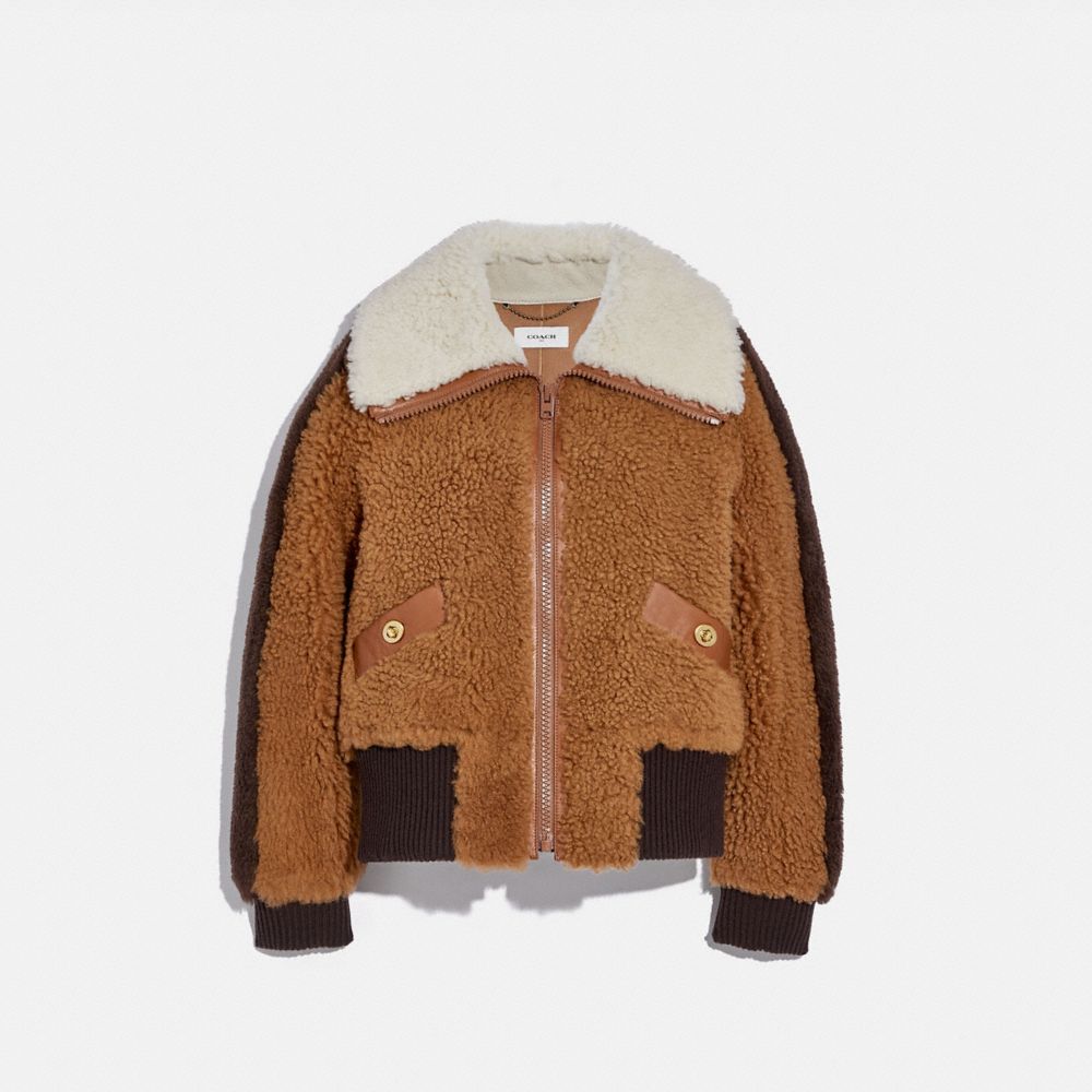 COACH®,SHEARLING BOMBER WITH TURNLOCKS,Shearling,Tawney/Brunette,Front View