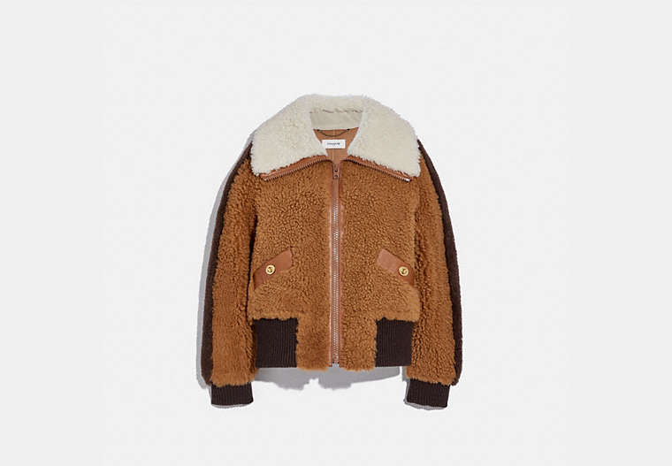 COACH®,SHEARLING BOMBER WITH TURNLOCKS,Shearling,Tawney/Brunette,Front View