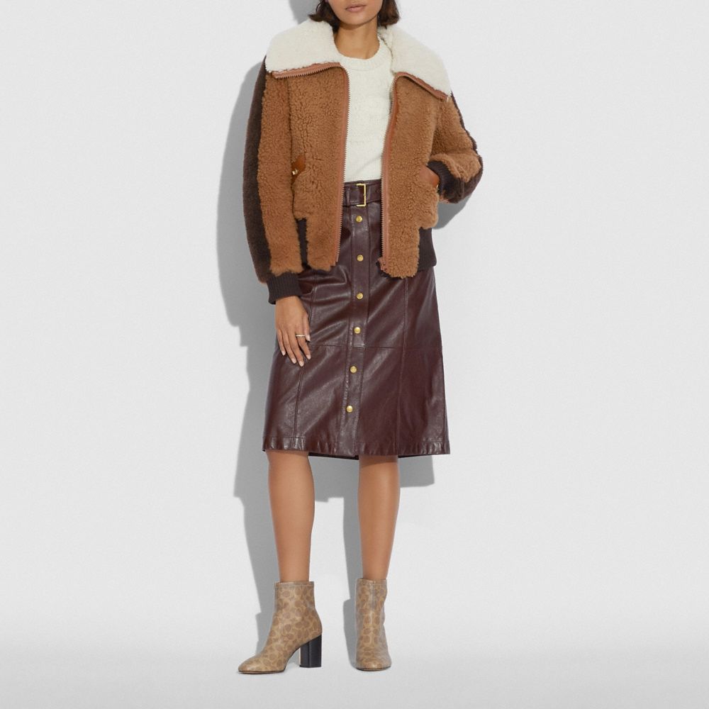 COACH®,SHEARLING BOMBER WITH TURNLOCKS,Shearling,Tawney/Brunette,Scale View
