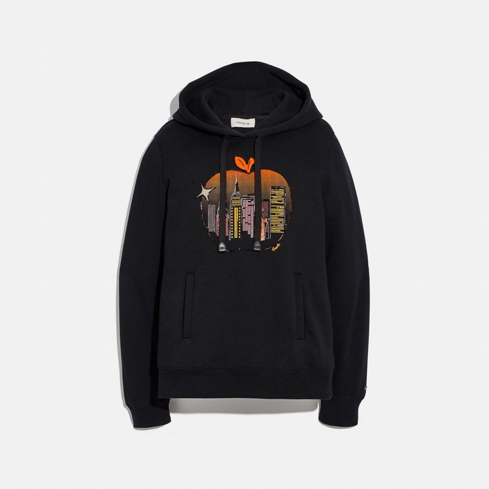 COACH®,APPLE SKYLINE HOODIE,cotton,Black,Front View image number 0