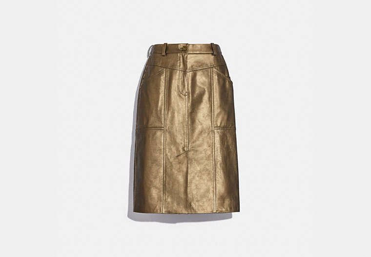 COACH®,METALLIC LEATHER MIDI SKIRT,Smooth Leather,Pyrite,Front View
