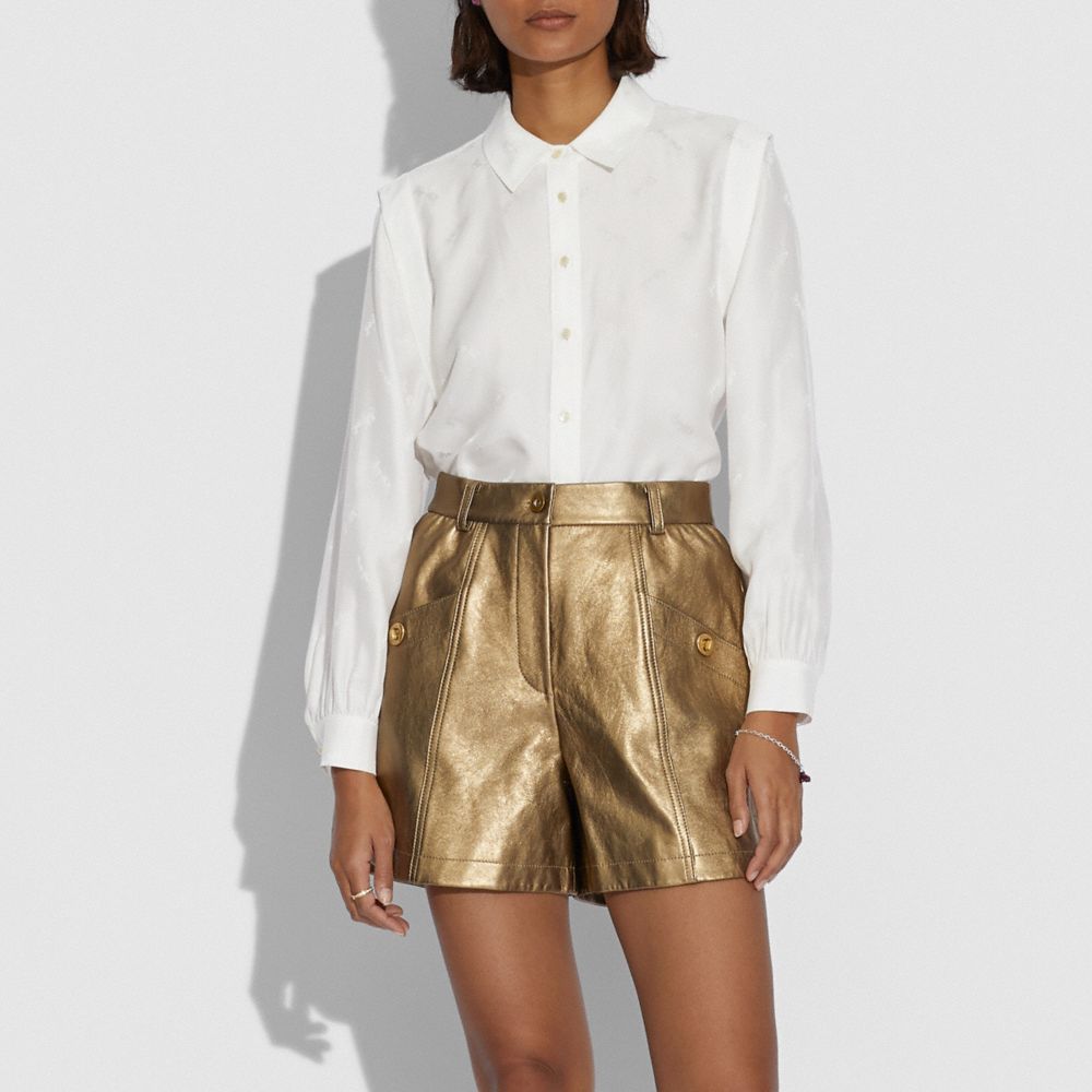 COACH®,Horse And Carriage Jacquard Long Sleeve Blouse With Pleats,,Scale View