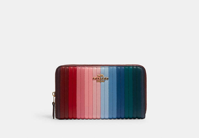 COACH®,MEDIUM ID ZIP WALLET WITH RAINBOW LINEAR QUILTING,Gold/Khaki/Candy Pink Multi,Front View