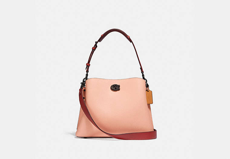 COACH®,WILLOW SHOULDER BAG IN COLORBLOCK WITH SIGNATURE CANVAS INTERIOR,Pebble Leather,Medium,Pewter/Faded Blush,Front View