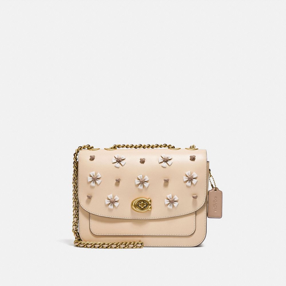 COACH®,MADISON SHOULDER BAG WITH TEA ROSE KNOT,Smooth Leather,Medium,Brass/Ivory,Front View