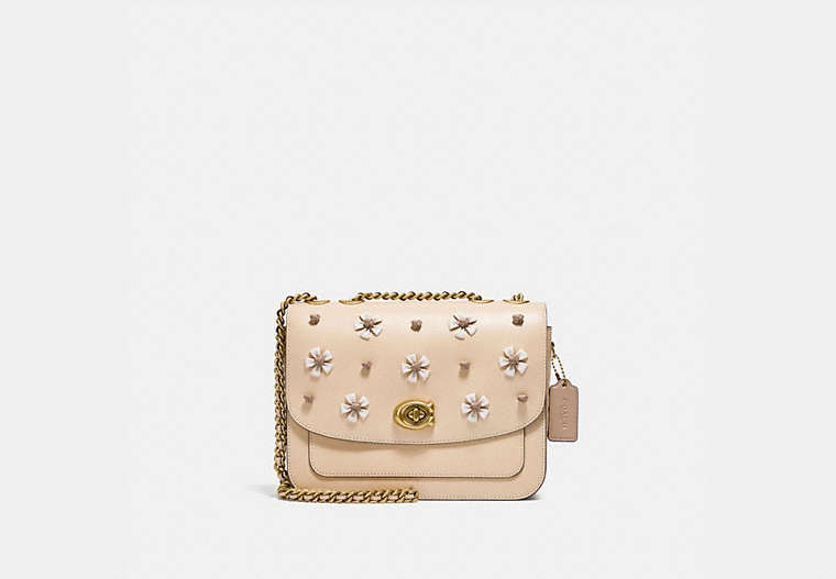 COACH®,MADISON SHOULDER BAG WITH TEA ROSE KNOT,Smooth Leather,Medium,Brass/Ivory,Front View