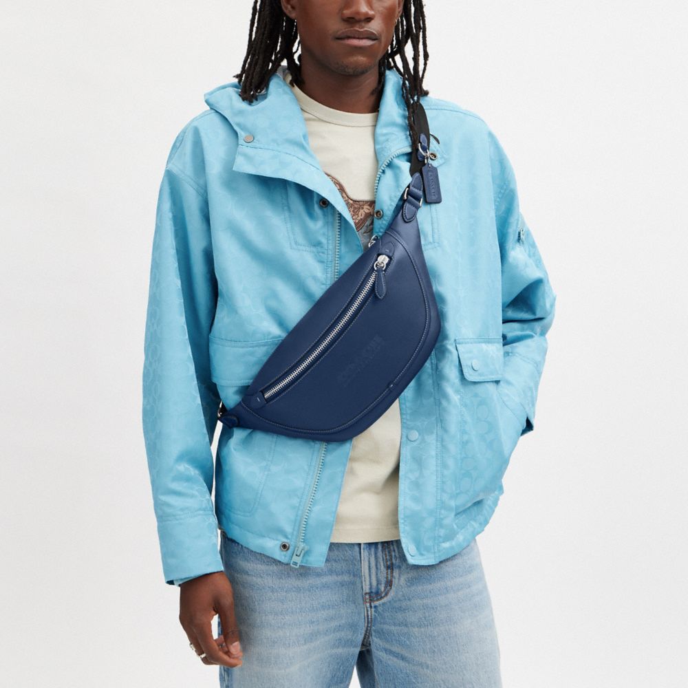 COACH®,League Belt Bag,Leather,Belt Bag,Embossed,Logo,Casual,Navy,Detail View