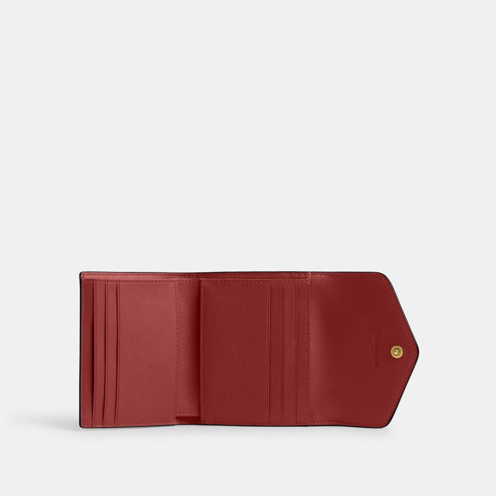 COACH®,Wyn Small Wallet,Leather,Tri Fold,Logo,Metal,Scratch Resistant,Casual,Maroon,Inside View,Top View