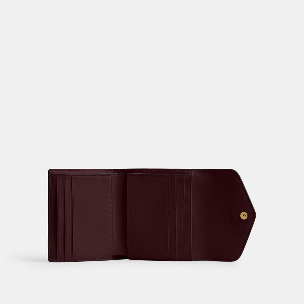 COACH®,Wyn Small Wallet,Leather,Tri Fold,Logo,Metal,Scratch Resistant,Casual,Maroon,Inside View,Top View