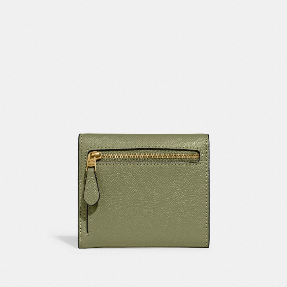 COACH®,Wyn Small Wallet,Leather,Tri Fold,Logo,Metal,Scratch Resistant,Casual,Olive,Back View