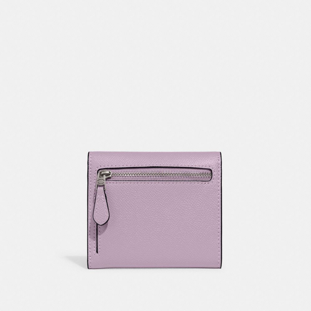 COACH®,Wyn Small Wallet,Leather,Tri Fold,Logo,Metal,Scratch Resistant,Casual,Lavender,Back View