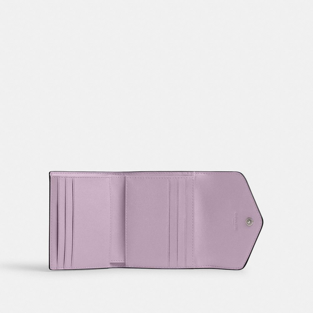COACH®,Wyn Small Wallet,Leather,Tri Fold,Logo,Metal,Scratch Resistant,Casual,Lavender,Inside View,Top View
