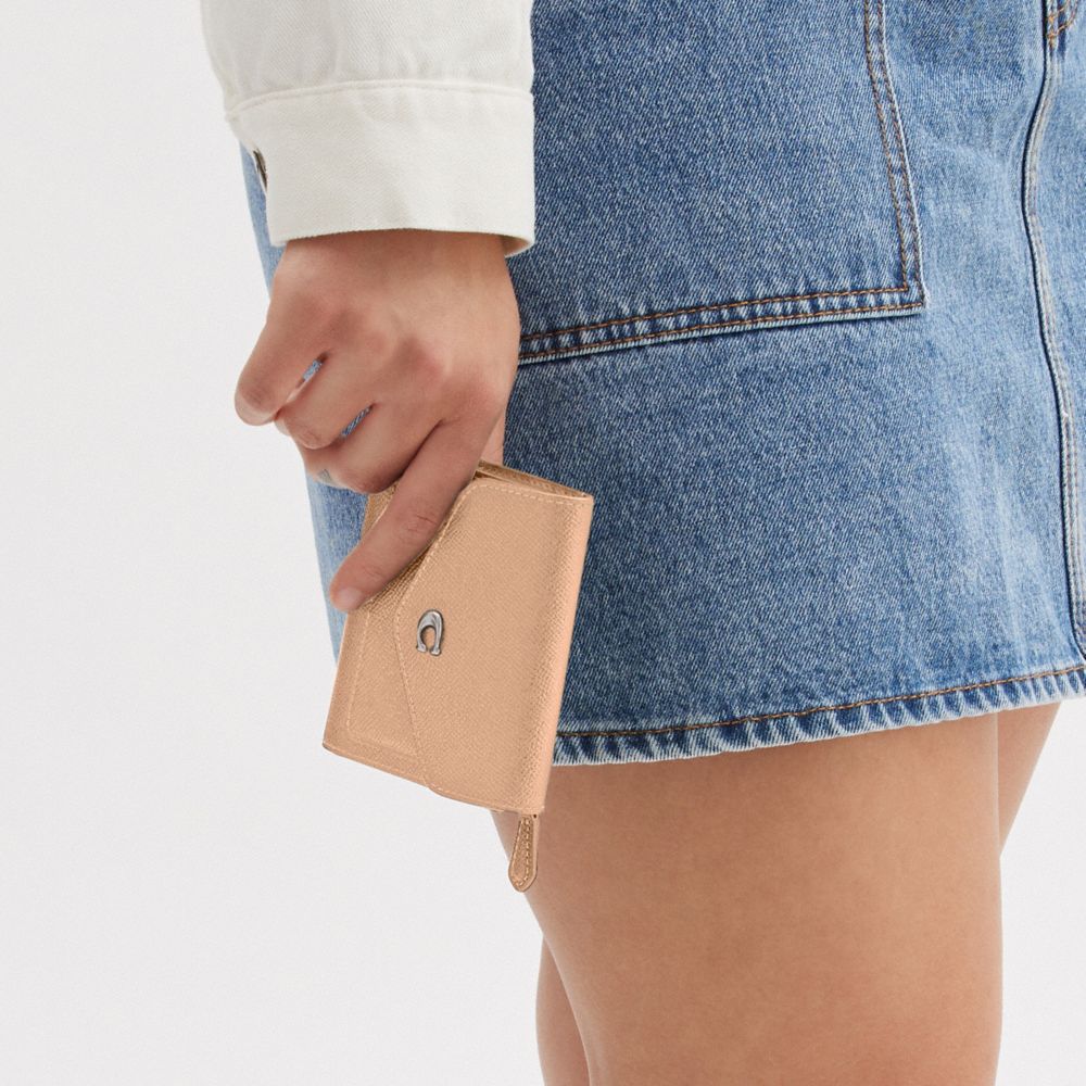 COACH®,Wyn Small Wallet,Leather,Tri Fold,Logo,Metal,Scratch Resistant,Casual,Beige,Detail View