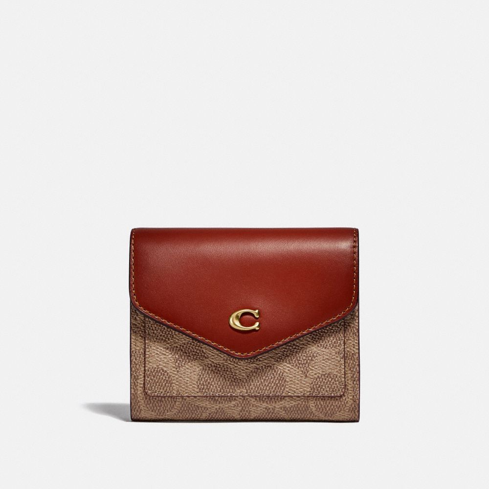 COACH®,WYN SMALL WALLET IN COLORBLOCK SIGNATURE CANVAS,Signature Coated Canvas/Smooth Leather,Mini,Brass/Tan/Rust,Front View