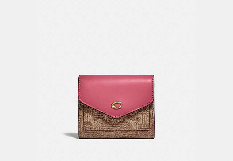 COACH®,WYN SMALL WALLET IN COLORBLOCK SIGNATURE CANVAS,Signature Coated Canvas/Smooth Leather,Mini,Brass/Tan Rouge,Front View