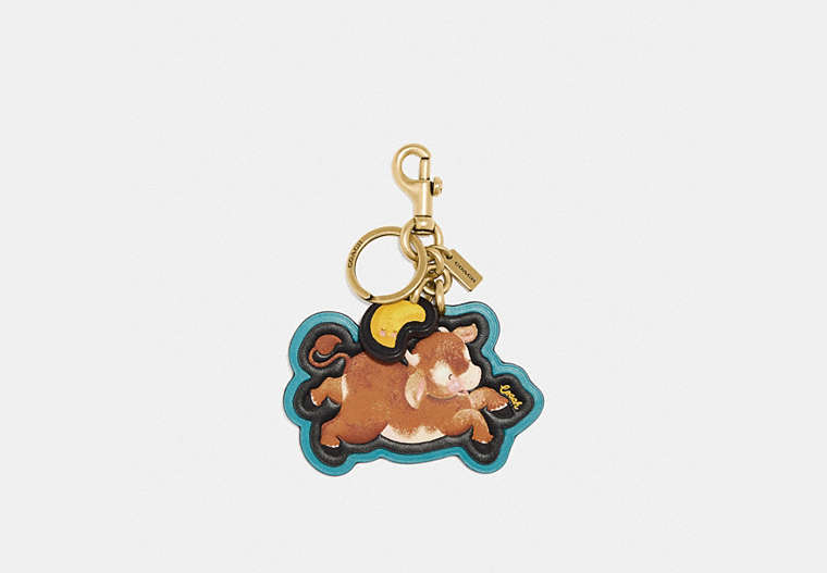COACH®,LUNAR NEW YEAR OX BAG CHARM IN SIGNATURE CANVAS,Smooth Leather,Brass/Brown Teal,Front View