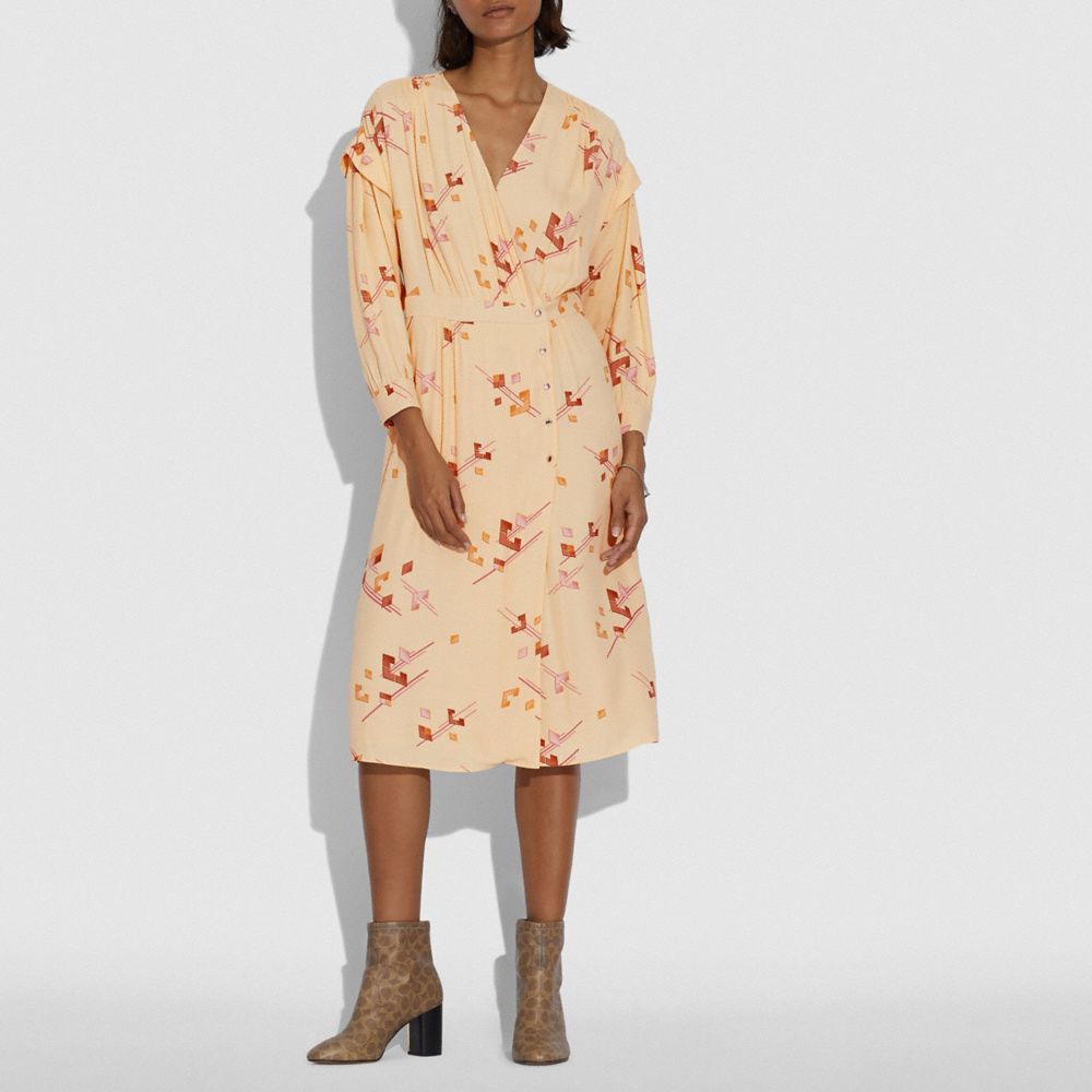 COACH®,CREPE DRAPED MIDI DRESS,Viscose/Rayon,YELLOW,Scale View