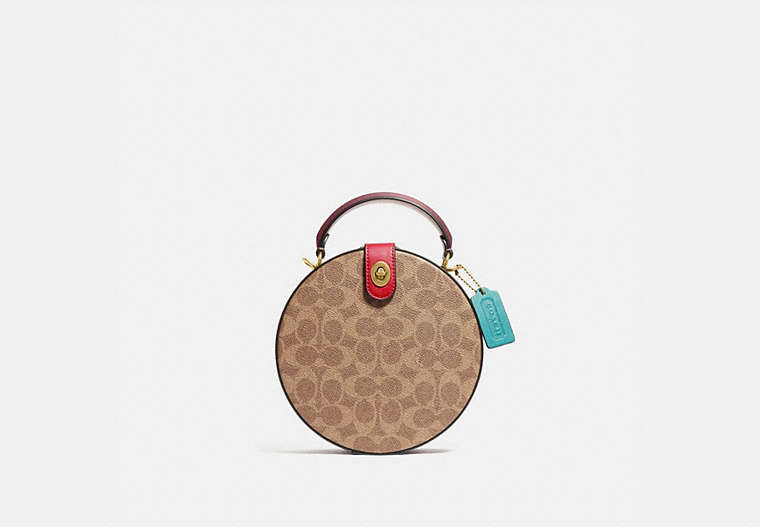 COACH®,LUNAR NEW YEAR CIRCLE BAG IN SIGNATURE CANVAS,Signature Coated Canvas/Smooth Leather,Medium,Brass/Tan Electric Red Multi,Front View