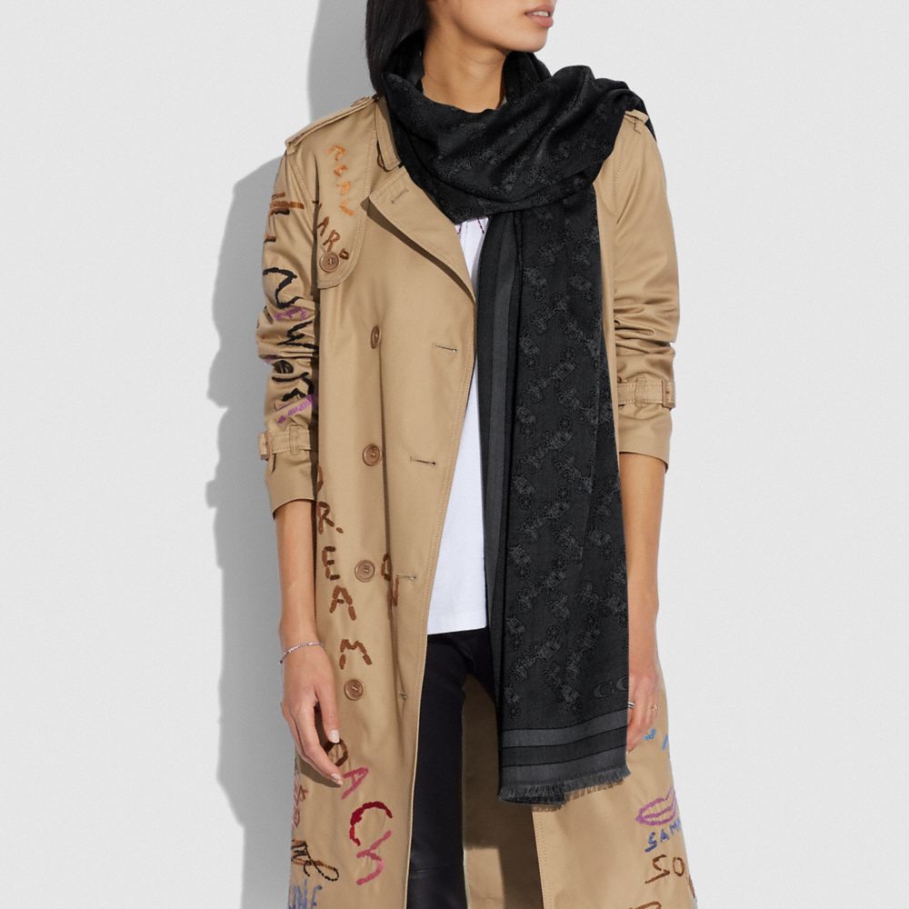 COACH®,Horse And Carriage Print Jacquard Stole,Silk,Cotton,Rectangle,Frayed,Casual,Black,Detail View