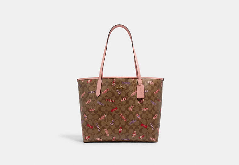 COACH®,CITY TOTE IN SIGNATURE CANVAS WITH CANDY PRINT,pvc,Large,Gold/Khaki Multi,Front View