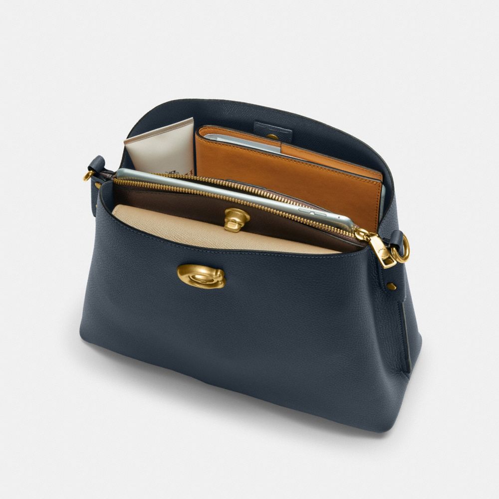 COACH®,Willow Shoulder Bag In Colorblock,Leather,Crossbody,Color Block,Ball Embellishment,Logo,Gold Metal,Casual,Mustard,Inside View, Top View