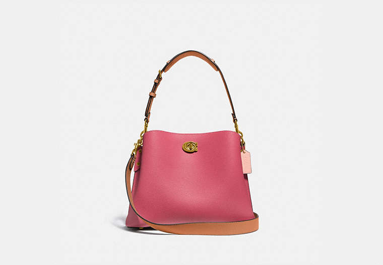 COACH®,WILLOW SHOULDER BAG IN COLORBLOCK,Pebble Leather,Medium,Brass/Rouge Multi,Front View