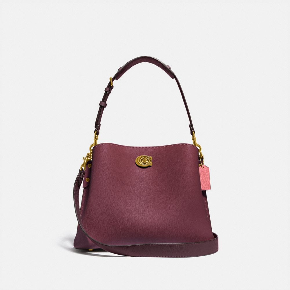 COACH®,WILLOW SHOULDER BAG IN COLORBLOCK,Refined Pebble Leather,Medium,Brass/Black Cherry Multi,Front View