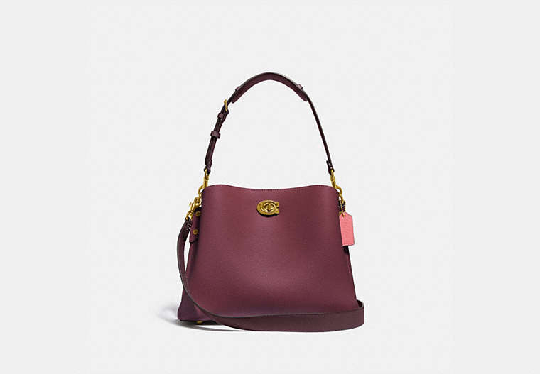 COACH®,WILLOW SHOULDER BAG IN COLORBLOCK,Pebble Leather,Medium,Brass/Black Cherry Multi,Front View