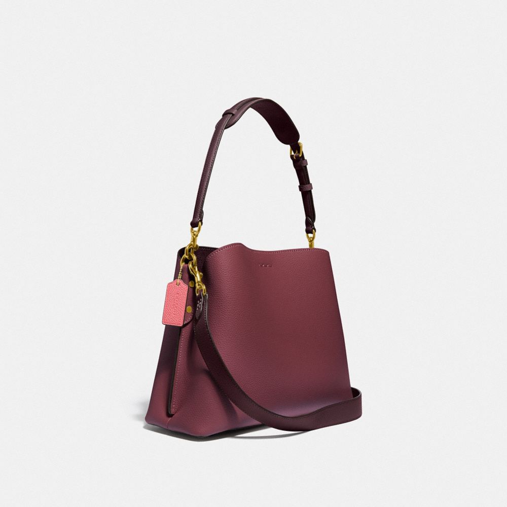 COACH®,WILLOW SHOULDER BAG IN COLORBLOCK,Refined Pebble Leather,Medium,Brass/Black Cherry Multi,Angle View