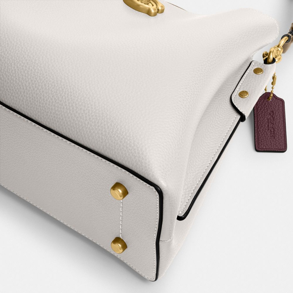 COACH®,Willow Shoulder Bag In Colorblock,Leather,Crossbody,Color Block,Ball Embellishment,Logo,Gold Metal,Casual,White,Outsole View
