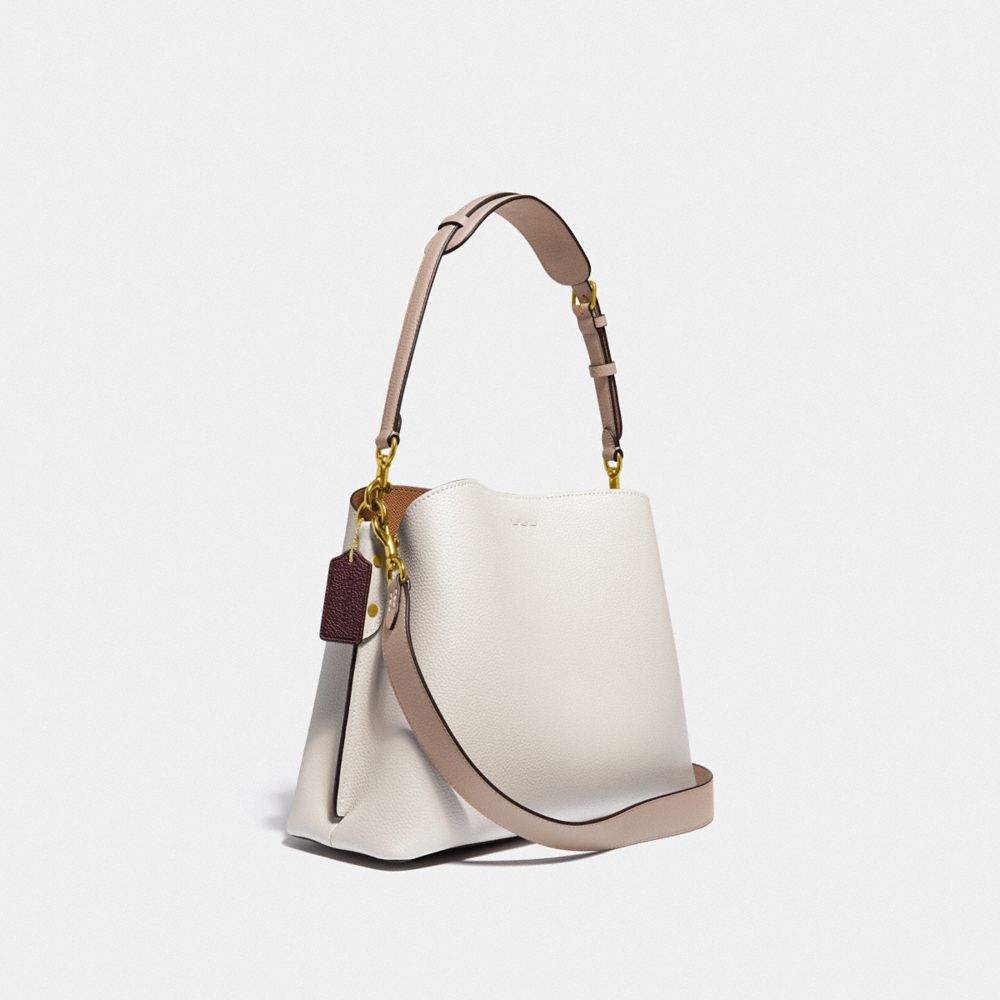 COACH®,Willow Shoulder Bag In Colorblock,Leather,Crossbody,Color Block,Ball Embellishment,Logo,Gold Metal,Casual,White,Angle View