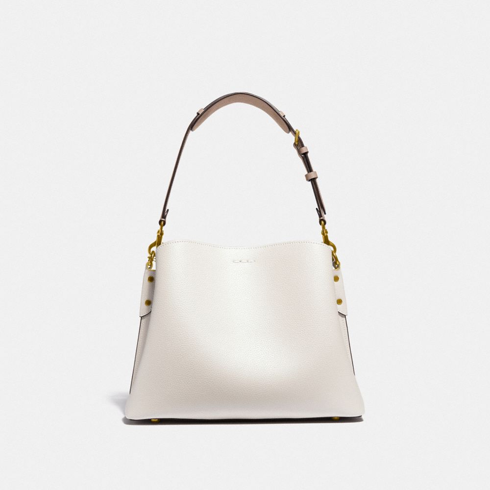 COACH®,Willow Shoulder Bag In Colorblock,Leather,Crossbody,Color Block,Ball Embellishment,Logo,Gold Metal,Casual,White,Back View