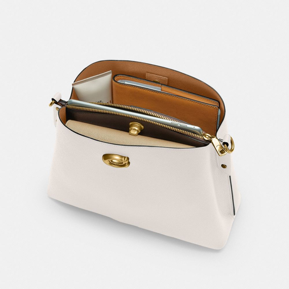COACH®,Willow Shoulder Bag In Colorblock,Leather,Crossbody,Color Block,Ball Embellishment,Logo,Gold Metal,Casual,White,Inside View,Top View