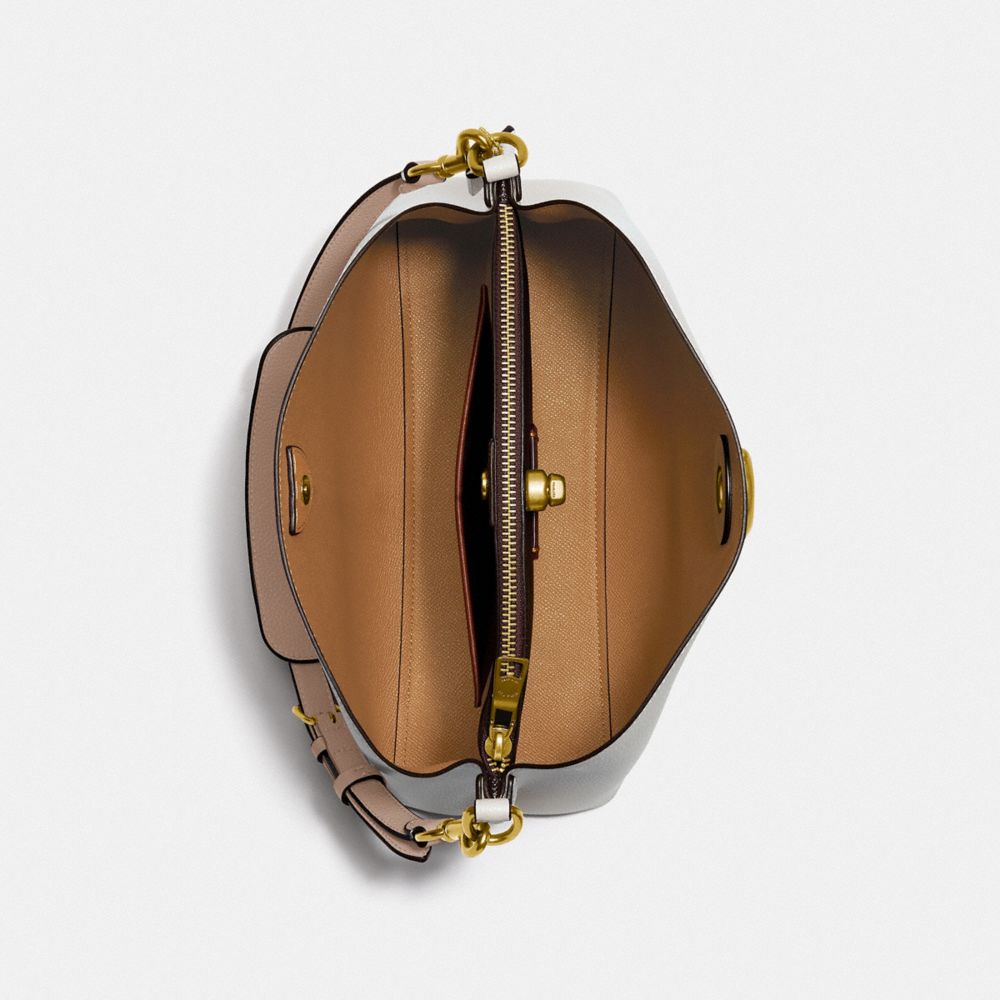 COACH®,Willow Shoulder Bag In Colorblock,Leather,Crossbody,Color Block,Ball Embellishment,Logo,Gold Metal,Casual,White,Inside View,Top View