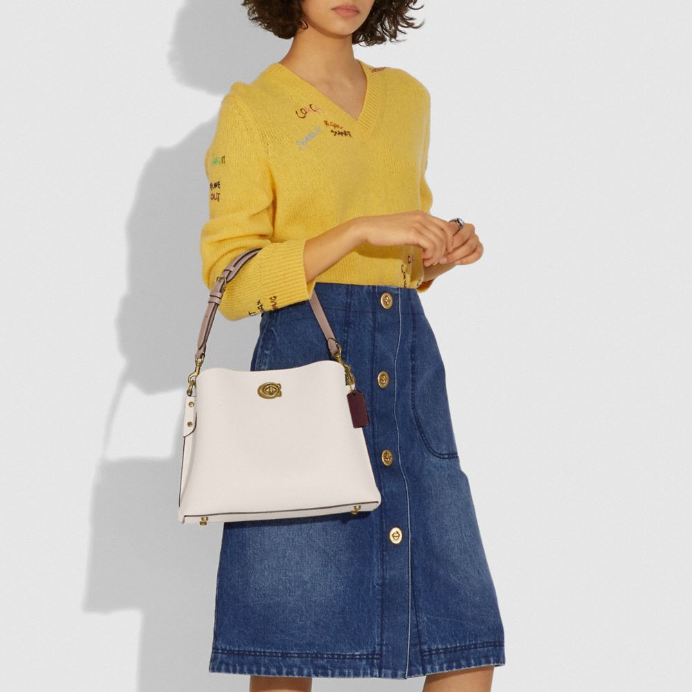COACH®,Willow Shoulder Bag In Colorblock,Leather,Crossbody,Color Block,Ball Embellishment,Logo,Gold Metal,Casual,White,Detail View