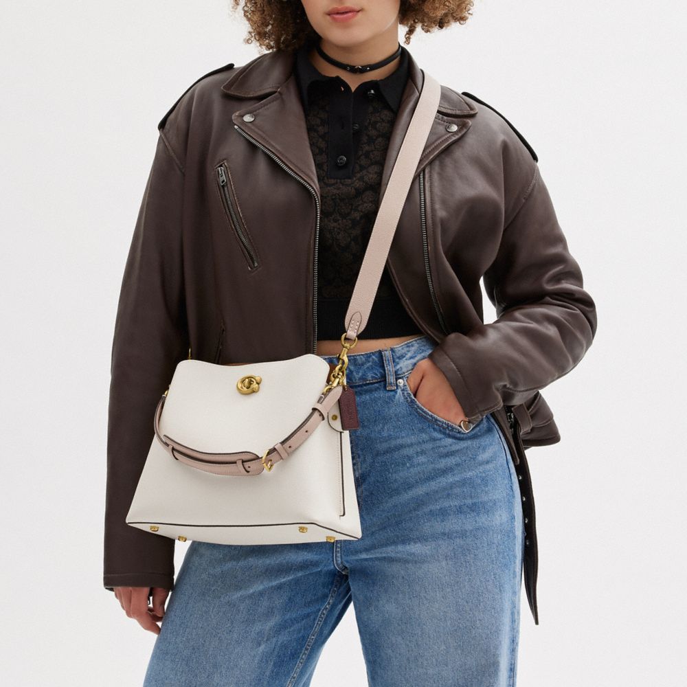 COACH®,Willow Shoulder Bag In Colorblock,Leather,Crossbody,Color Block,Ball Embellishment,Logo,Gold Metal,Casual,White,Scale View