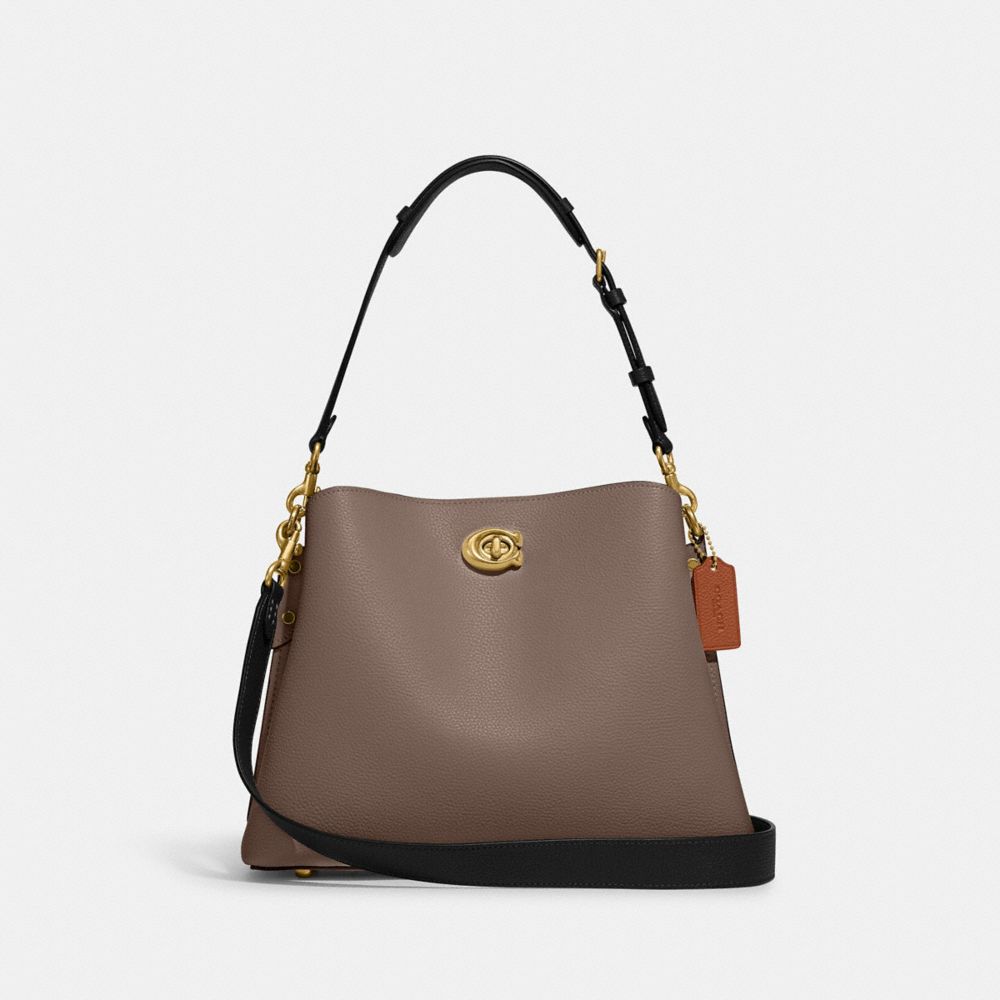 COACH®,WILLOW SHOULDER BAG IN COLORBLOCK,Refined Pebble Leather,Medium,Brass/Dark Stone,Front View image number 0