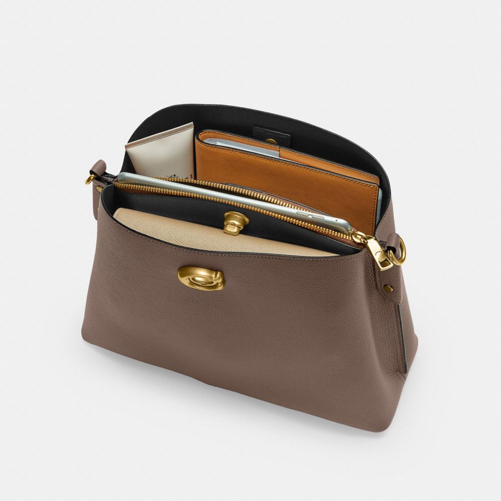 COACH®,Willow Shoulder Bag In Colorblock,Leather,Crossbody,Color Block,Ball Embellishment,Logo,Gold Metal,Casual,Brown,Inside View,Top View