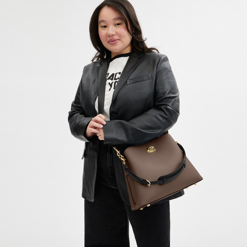 COACH®,Willow Shoulder Bag In Colorblock,Leather,Crossbody,Color Block,Ball Embellishment,Logo,Gold Metal,Casual,Brown
