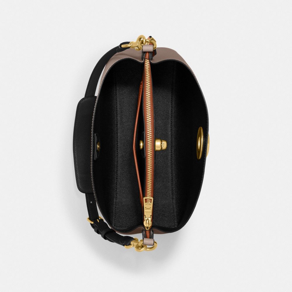 COACH®,Willow Shoulder Bag In Colorblock,Leather,Crossbody,Color Block,Ball Embellishment,Logo,Gold Metal,Casual,Brown,Inside View,Top View